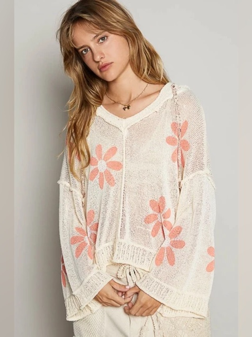 POL Daisy Floral Printed Knit Hooded Sweater
